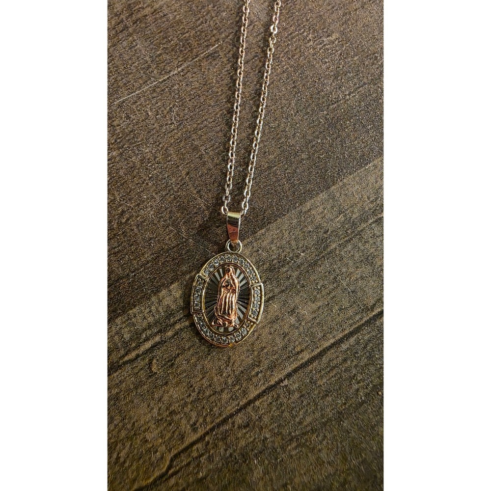925 Sterling Silver Virgin Mary Pendant Necklace Tri-Color CZ Our Lady Guadalupe